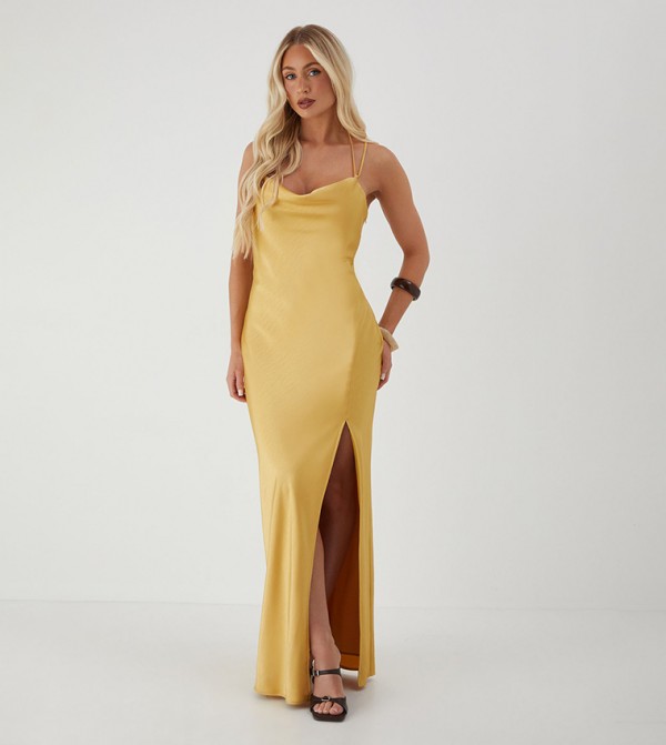 Satin Cowl Split Leg Maxi Dress