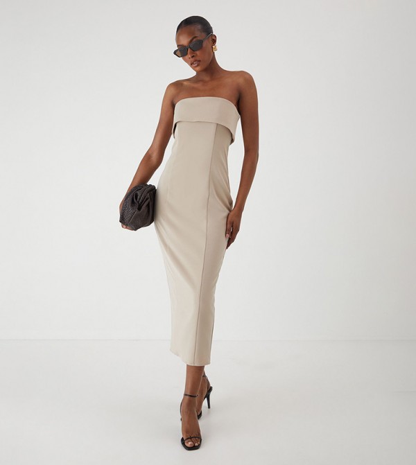 Solid Bandeau Fold Over Midaxi Dress