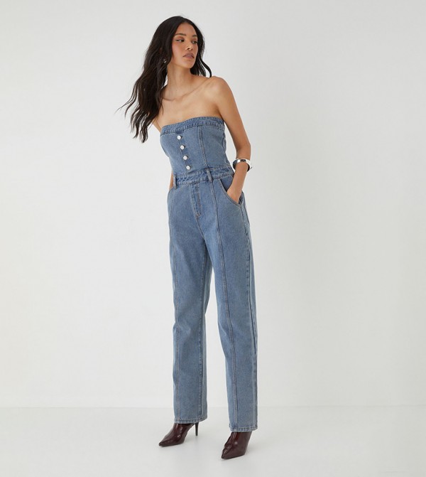 Bandeau Button Up Denim Jumpsuit