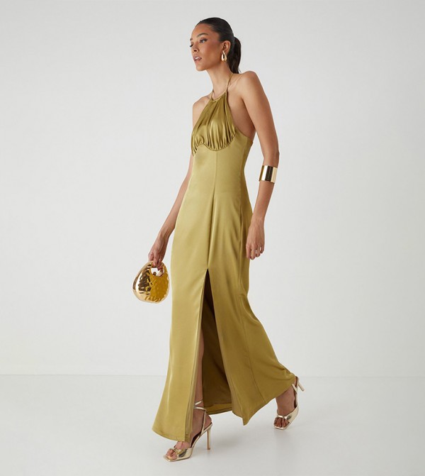 Halter Neck Split Hem Maxi Dress