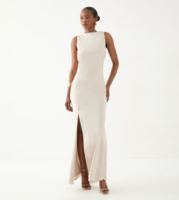 Solid High Neck Cowl Back Bridesmaid Maxi Dress