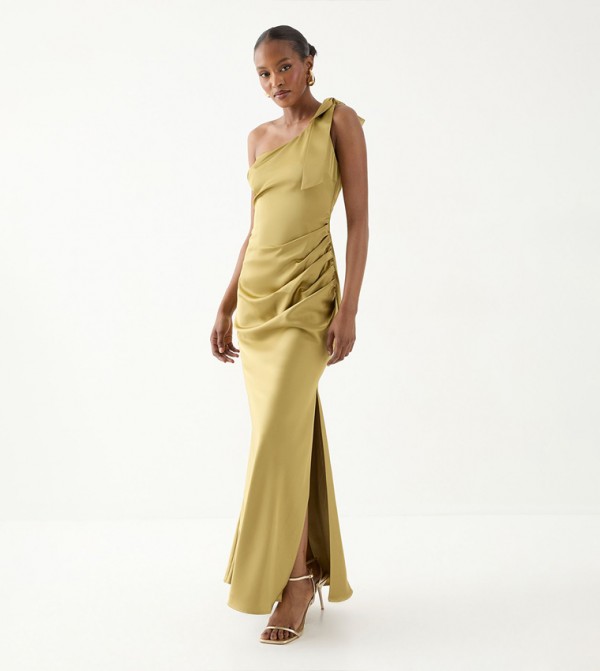 Asymmetric Shoulder Bow Detail Bridesmaid Maxi Dress