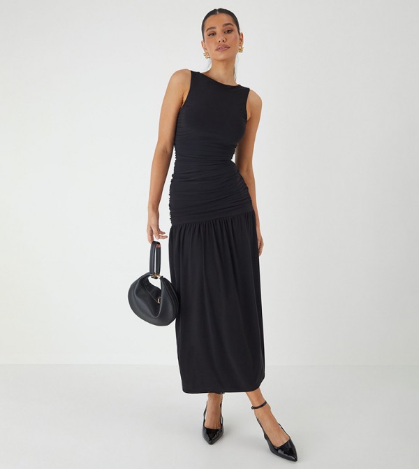 Ruched Slash Neck Maxi Dress