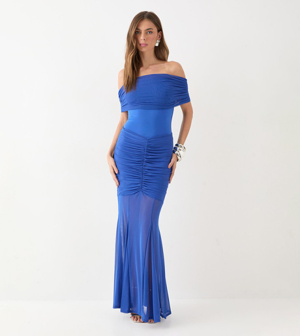 Off Shoulder Mesh Overlay Maxi Dress