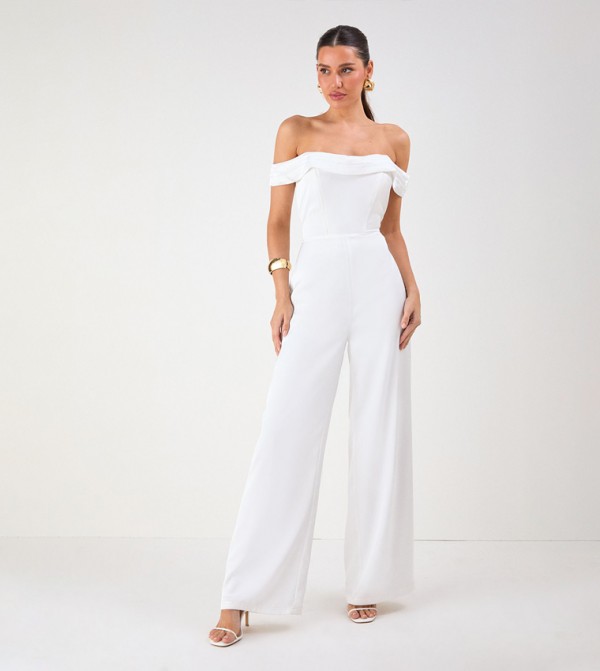 Satin Bardot Wide Leg Jumpsuit