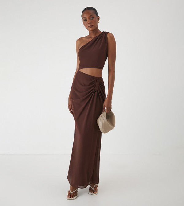 Cut-Out One-Shoulder Ruched Maxi Dress