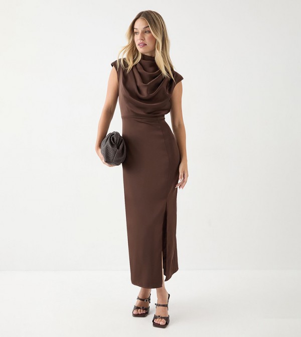 Solid Drape Neck Detail Midi Dress