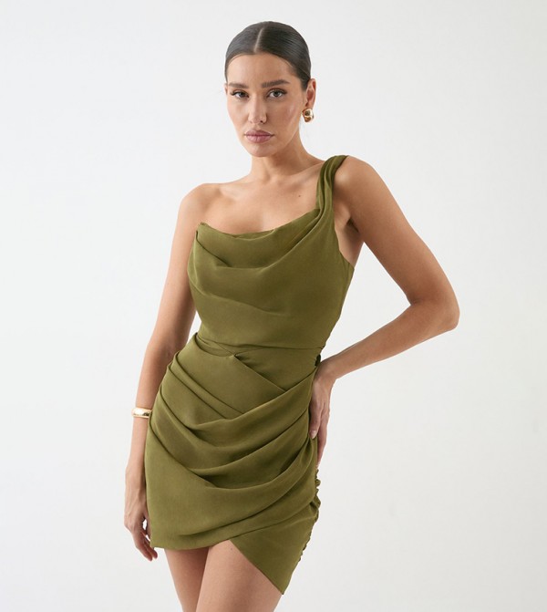 One Shoulder Drape Satin Mini Dress
