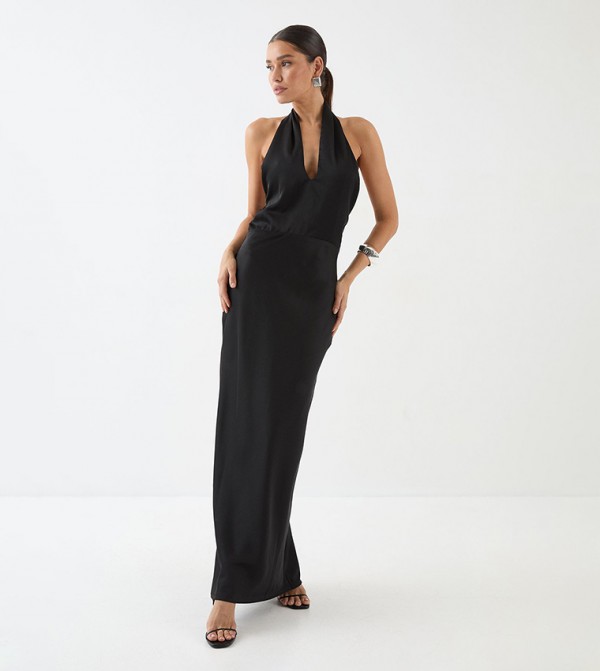 Premium Satin Halterneck Cowl Back Maxi Bridesmaid Dress