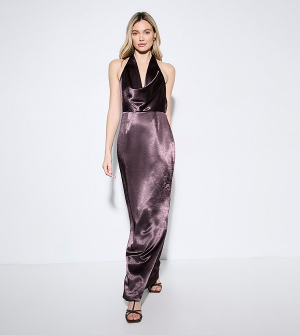 Premium Plunge Cowl Open Back Satin Maxi Bridesmaid Dress