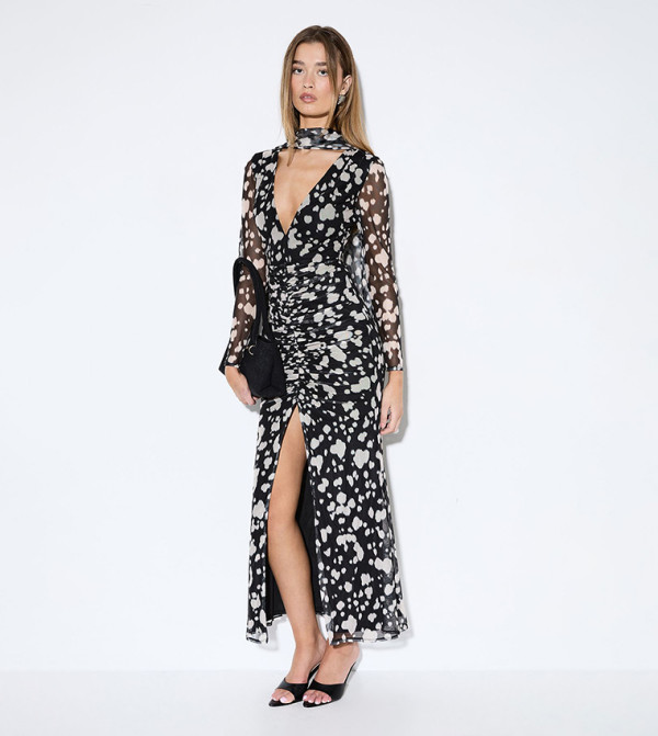 Printed Long Sleeves Mesh Scarf Midi Dress