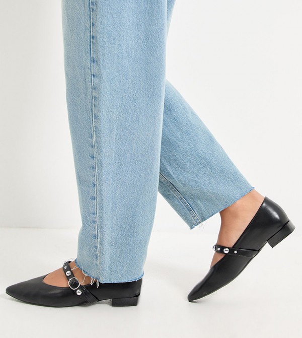 Faux Leather Studded Mary Jane Pointed Ballet Pumps