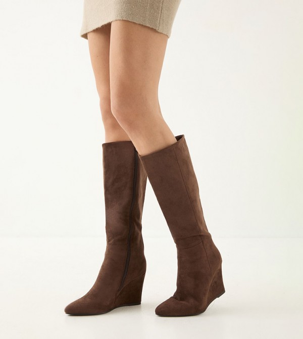 Faux Suede Wedge Knee High Boots