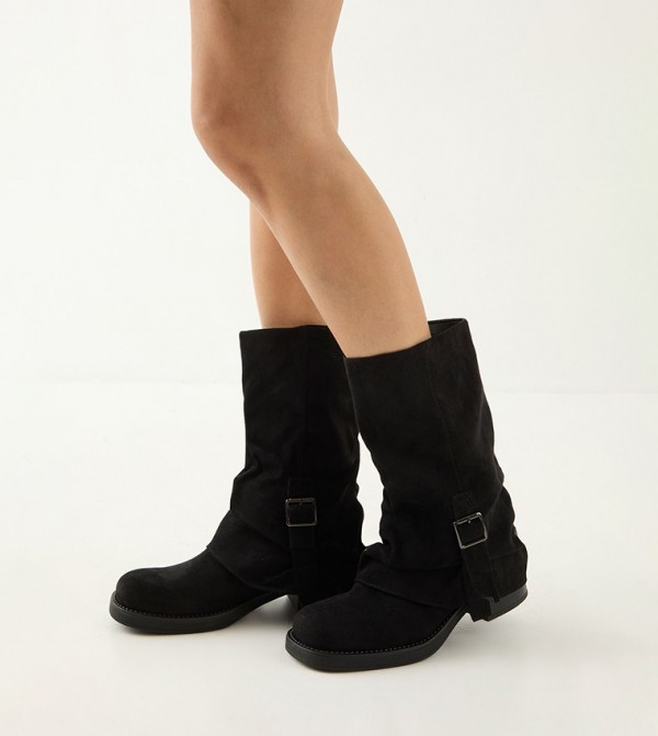 Faux Suede Sleeves Detail Chunky Calf Boots