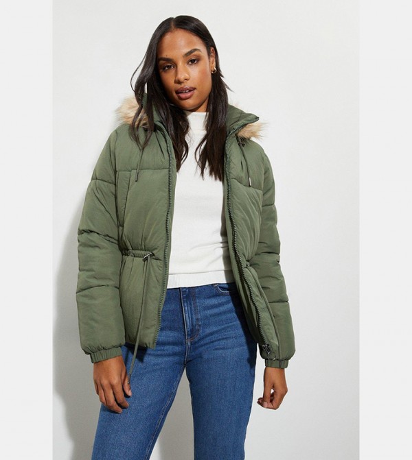 Khaki puffer jacket fur hood 2025