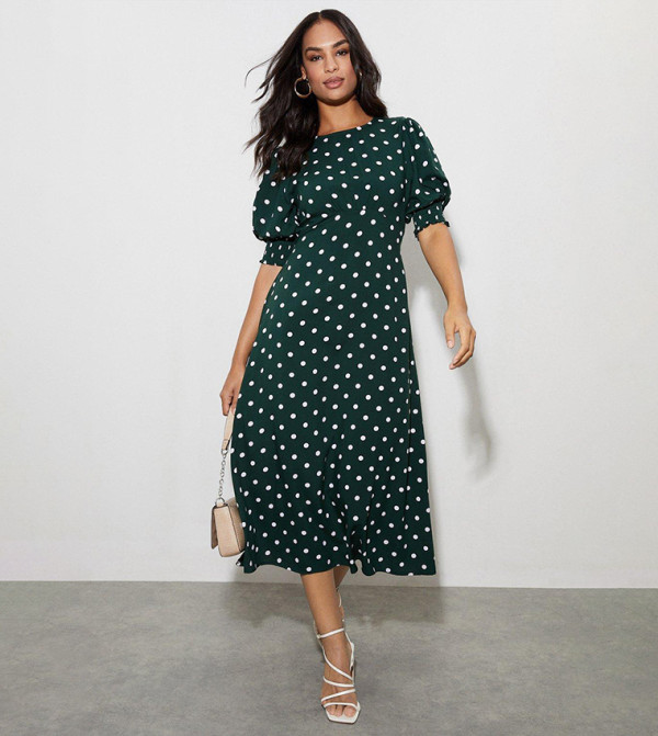 Polka Dots Shirred Cuff Midi Dress