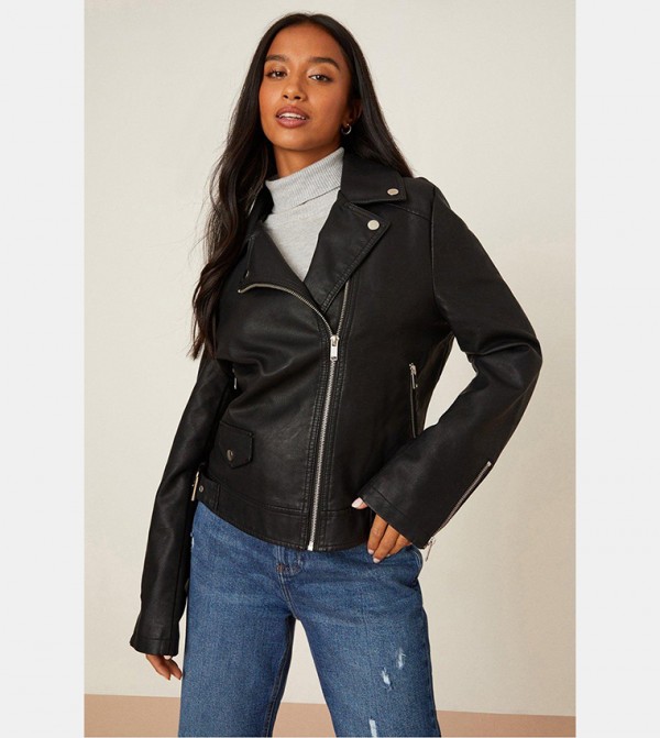 Black leather shop jacket dorothy perkins