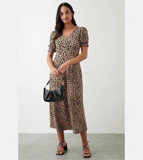 Leopard Print Short Sleeves Midi Dress