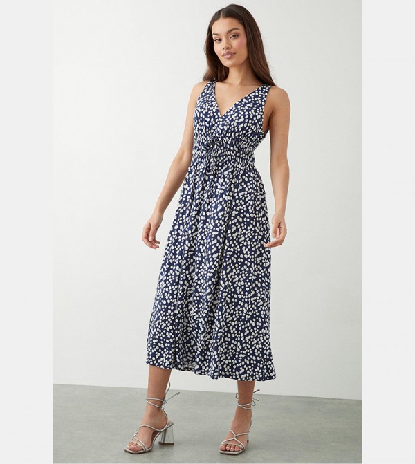 Navy Spot Sleeveless Tie Front Midi Dress