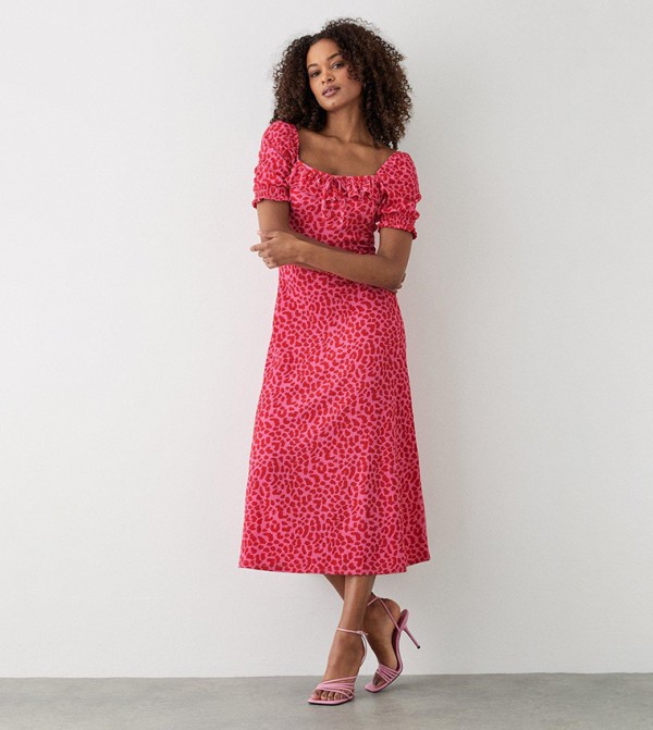 Pink Animal Square Neck Frill Midi Dress