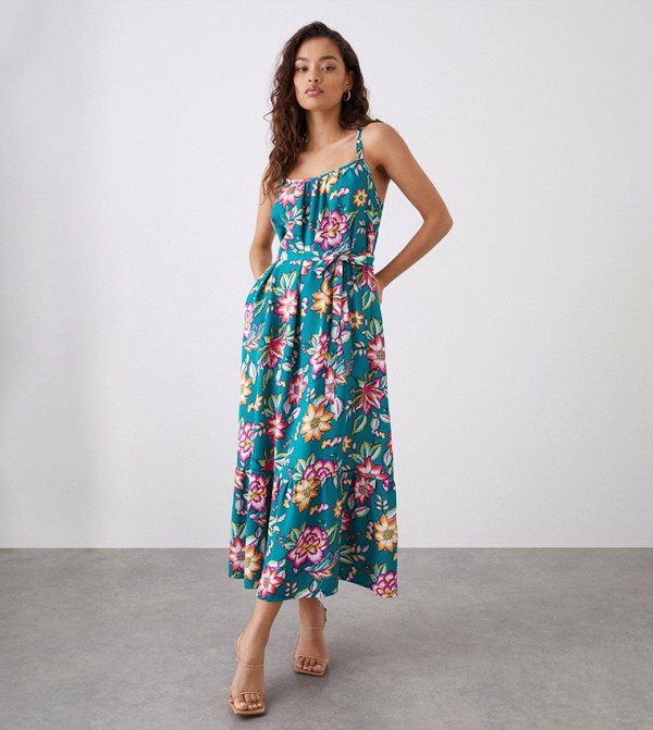 Green Floral Tiered Pocket Midi Dress