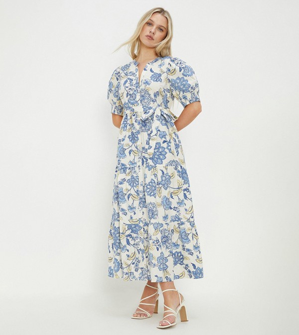 Ivory Poplin Floral Print-Shirt Dress