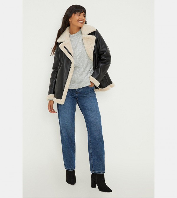 Buy Dorothy Perkins Longline Borg Aviator Jacket In Black 6thStreet Kuwait