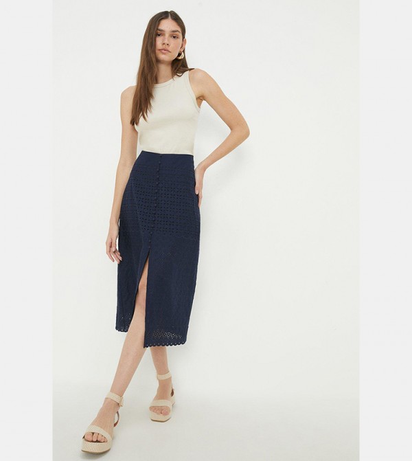 Buy Dorothy Perkins Navy Broderie Button Front Midi Skirt In Navy