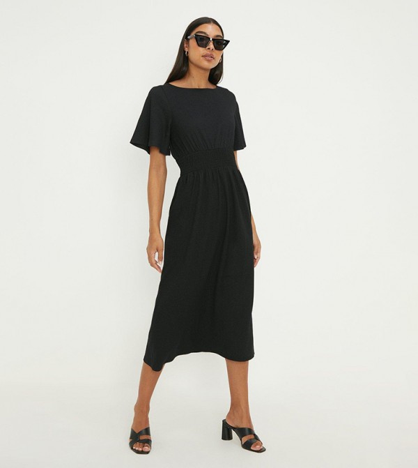 Black Shirred Waist Short Sleeves Midi Dress