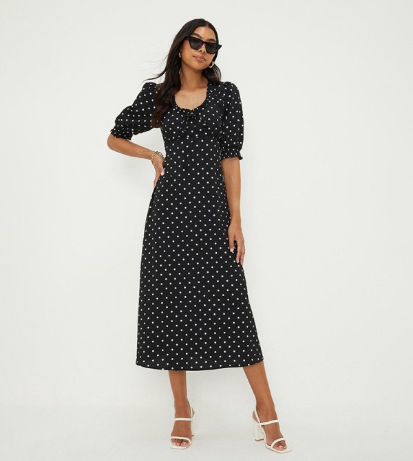 Buy Dorothy Perkins Black Spot Ruffle Neck Midi Dress In Black