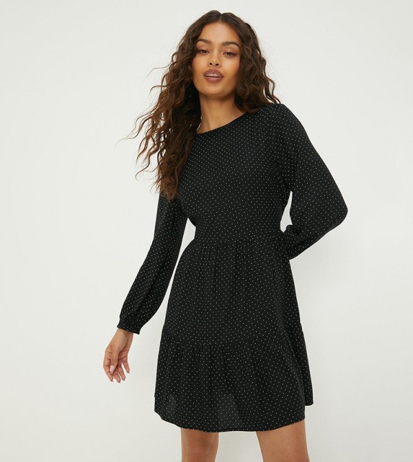 Black Spot Tiered Hem Mini Dress