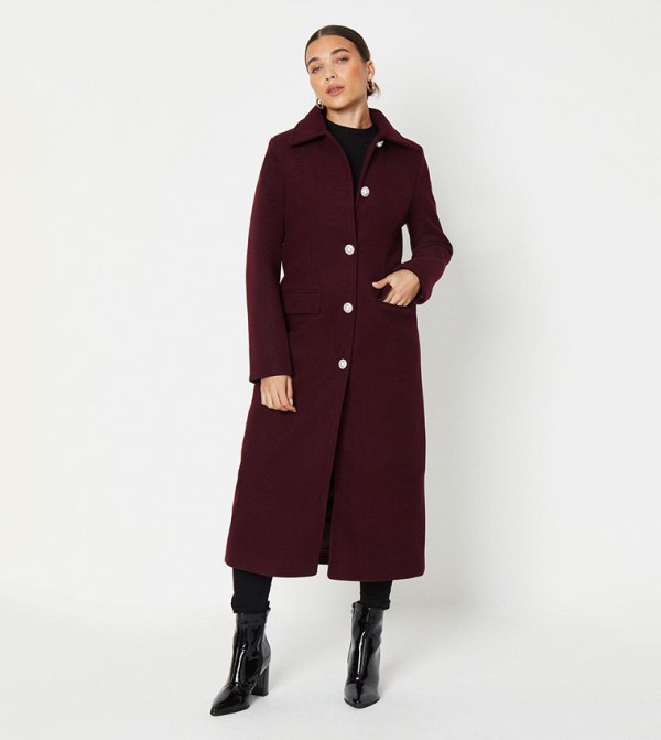 Buy Dorothy Perkins Petite Longline Cinched Waist Diamante Trim Coat In Berry 6thStreet Qatar