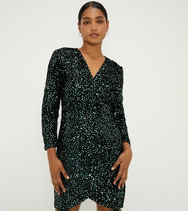 Wrap Sequin Velvet Long Sleeves Mini Dress