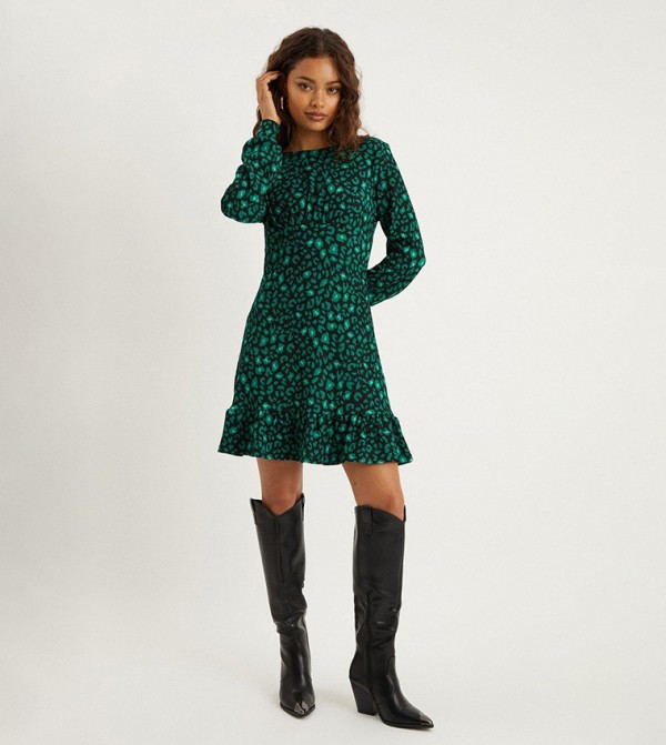 Green Leopard Frill Hem Mini Dress