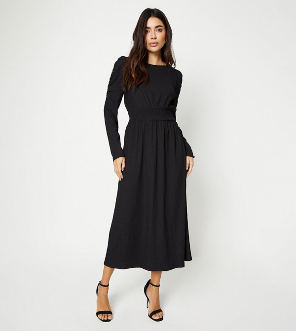 Shirred Waist Long Sleeves Midi Dress