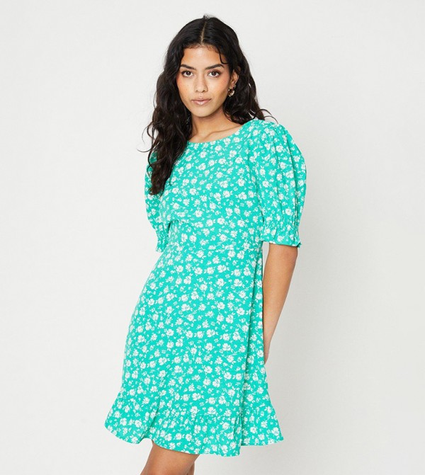 Petite Green Floral Frill Hem Mini Dress
