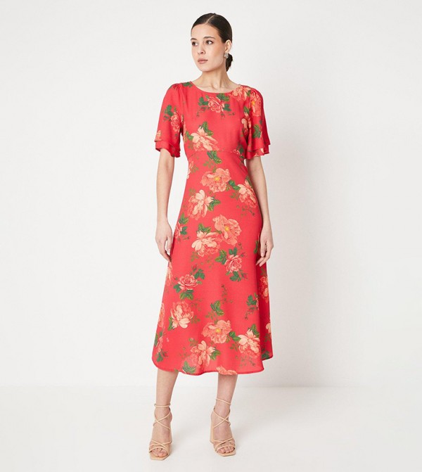 Floral Printed Short Sleeves Midi Dress