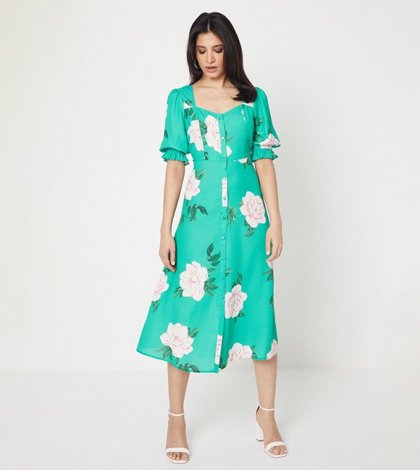 Green Floral Button Through Midi Dress
