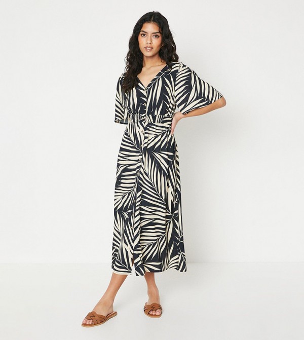 Petite Palm Print Button Through Midi Dress