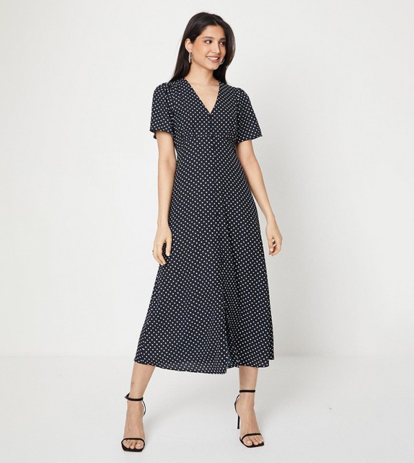 Spot Button Through Flutter Sleeves Midi Dress