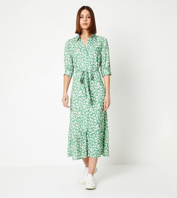 Green Short Sleeves Midi Shirt Dress