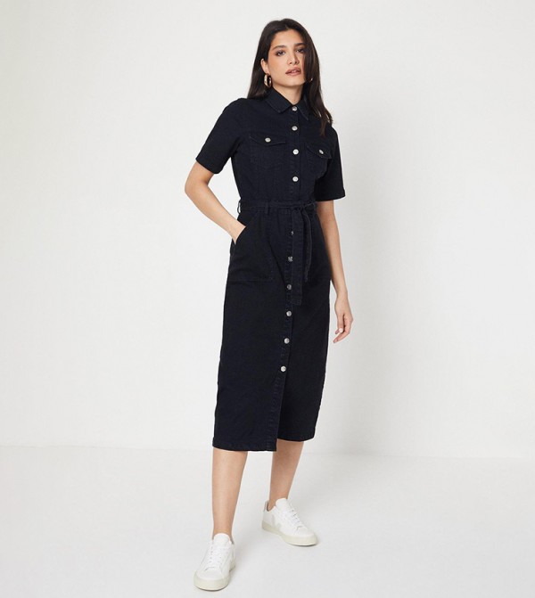 Short Sleeves Denim Midi Dress