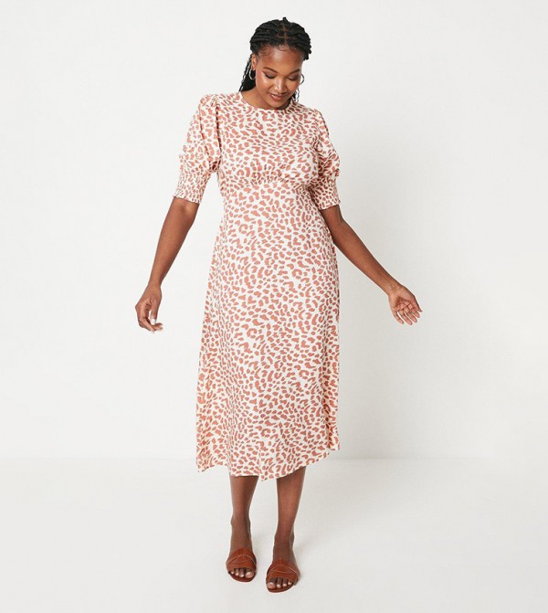 Short Sleeves Shirred Cuff Midi Dress