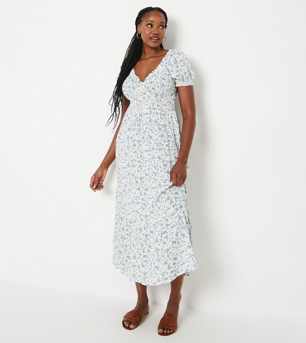 Printed Shirred Waist Tiered Hem Midi Dress