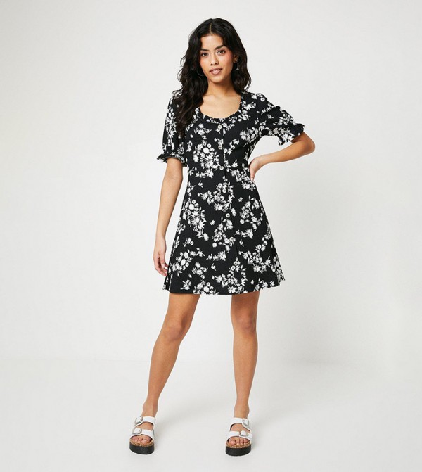 Petite Mono Ditsy Tie Front Sweetheart Mini Dress