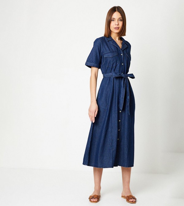 Belted Button Through Denim Midi Dress