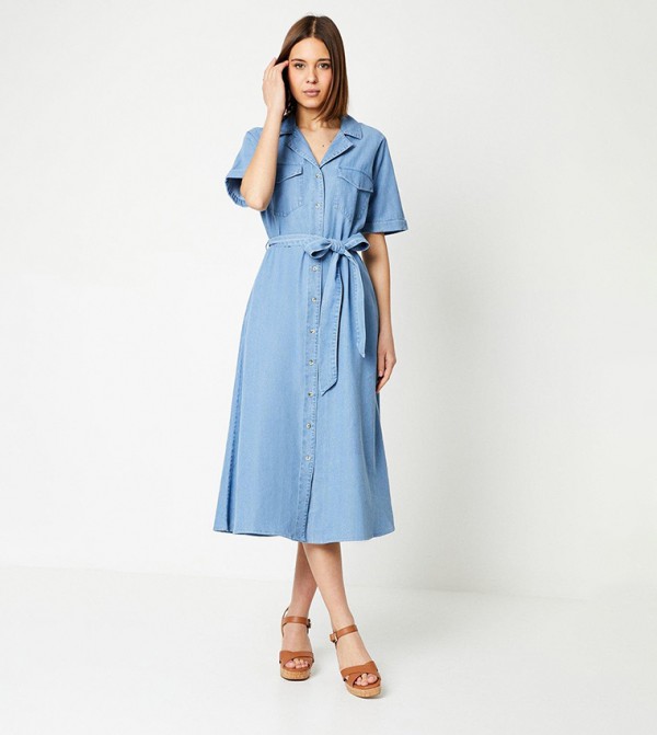 Belted Button Through Denim Midi Dress