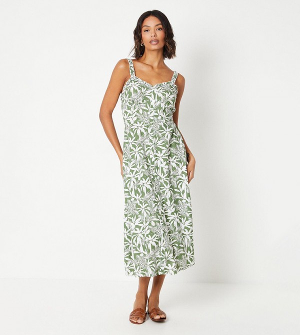 Palm Printed Button Through Frill Neckline Midi Dress