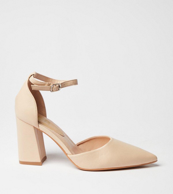 Blanche Ankle Strap Pointed High Block Heel Pumps