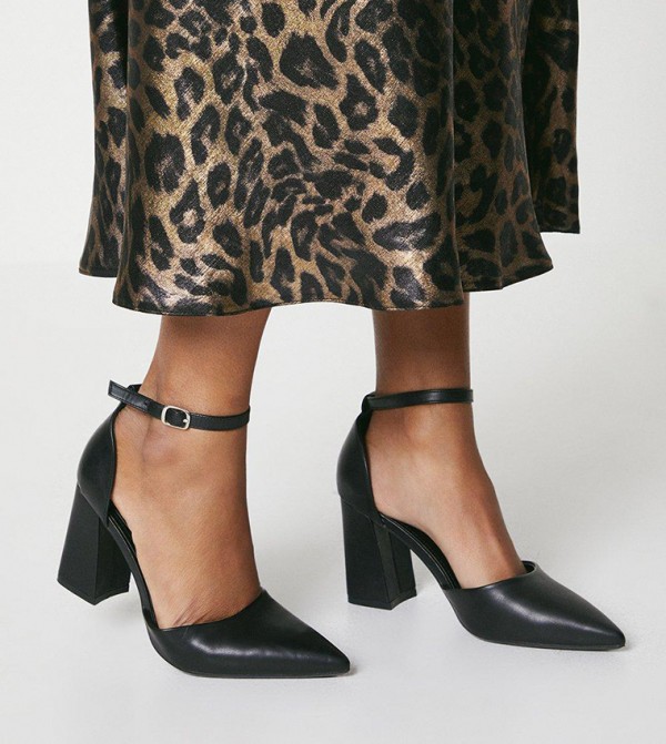 Blanche Ankle Strap Pointed High Block Heel Pumps